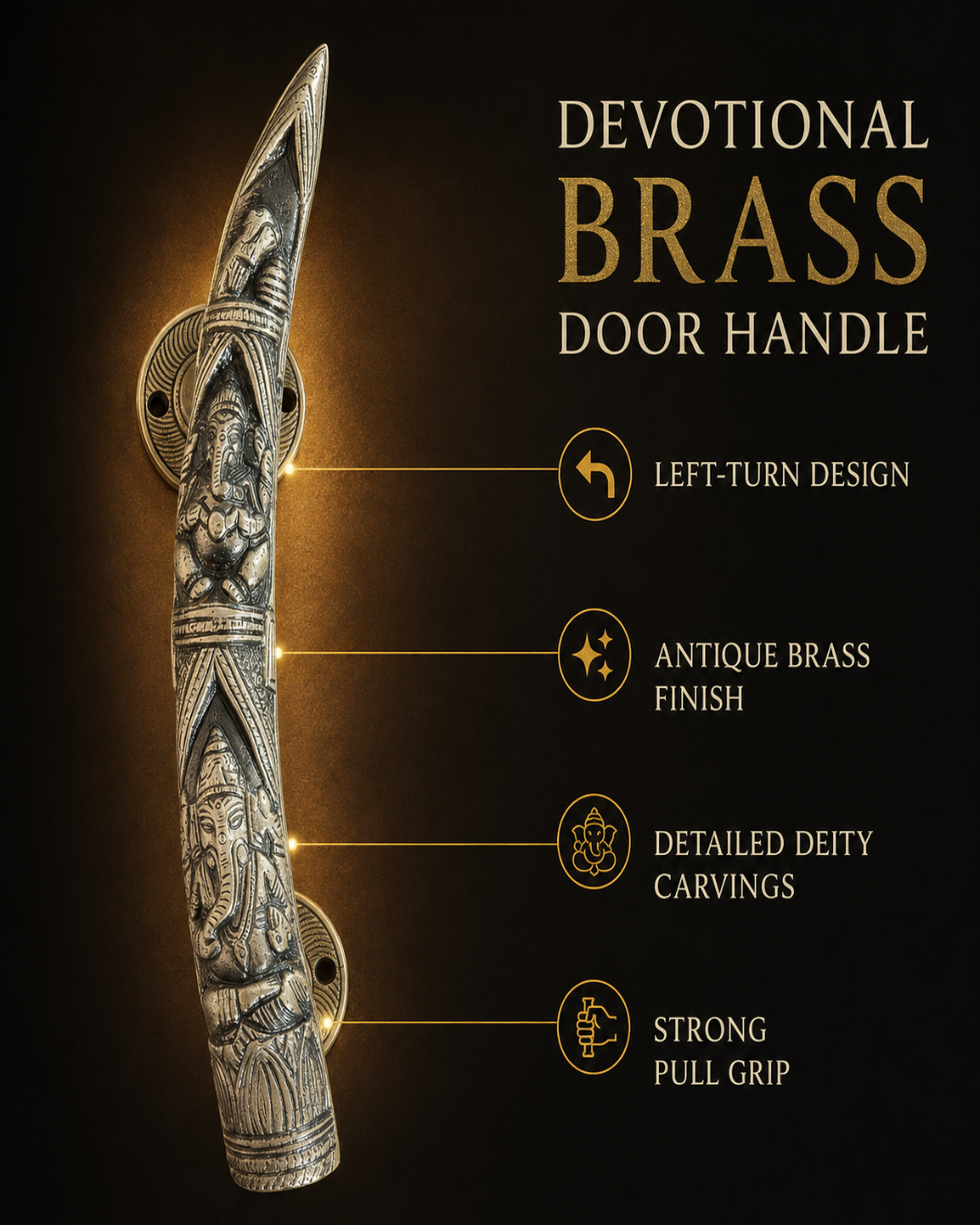 An brass door handle with carved deity figures, shown on a dark background with text callouts describing its left-turn design, antique brass finish, detailed carvings, and strong pull grip.