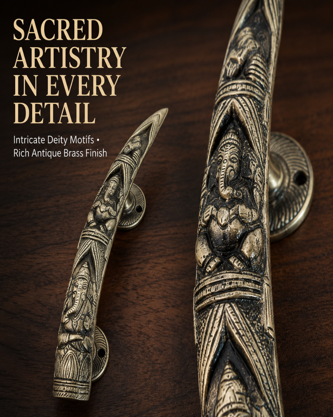Two antique brass door handles with detailed Ganesha carvings, displayed on a dark wood background with promotional text.