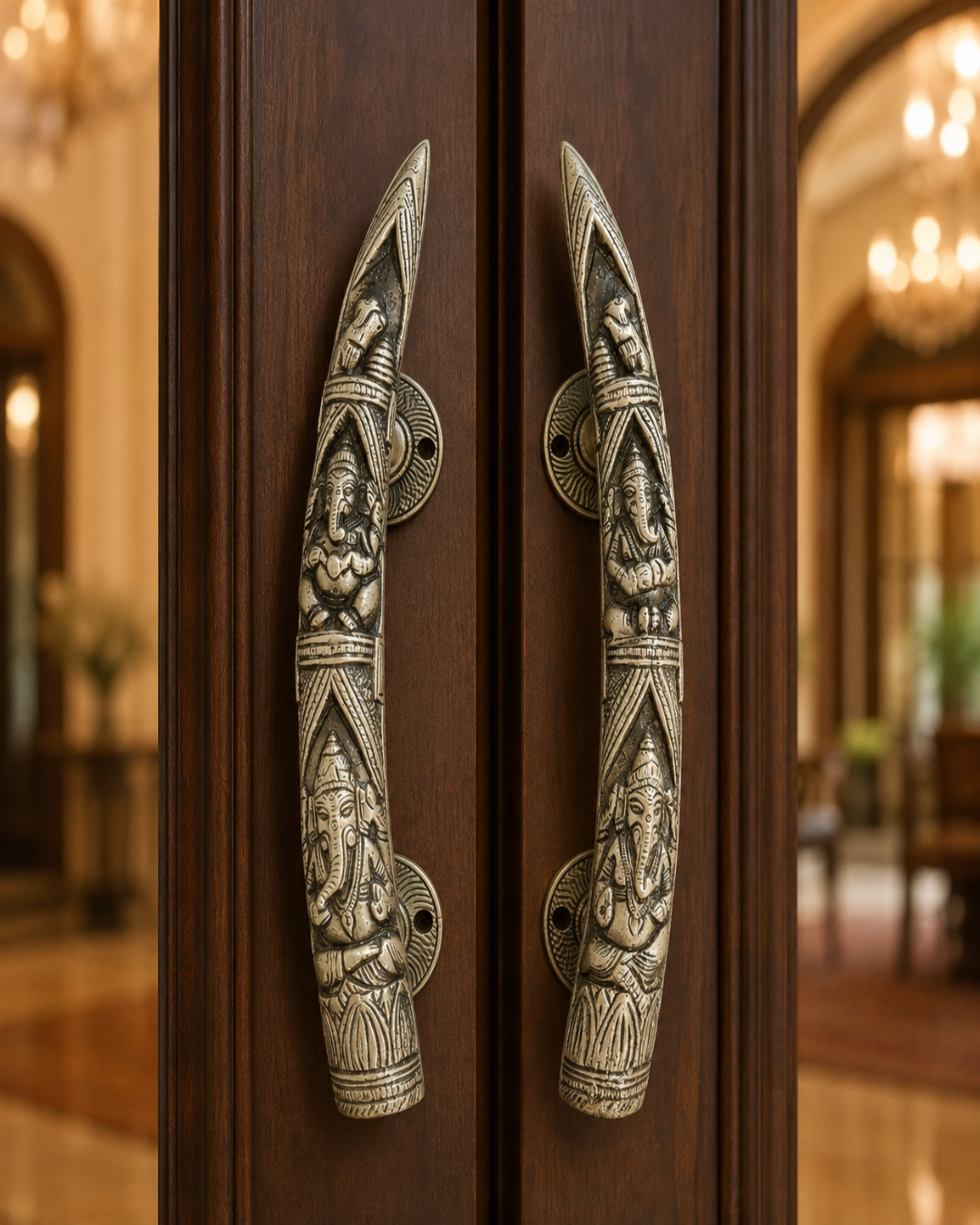 Two ornate, vertically oriented metal door handles with detailed carvings of Hindu deities, mounted on dark brown wooden doors in a warm, blurred interior setting.