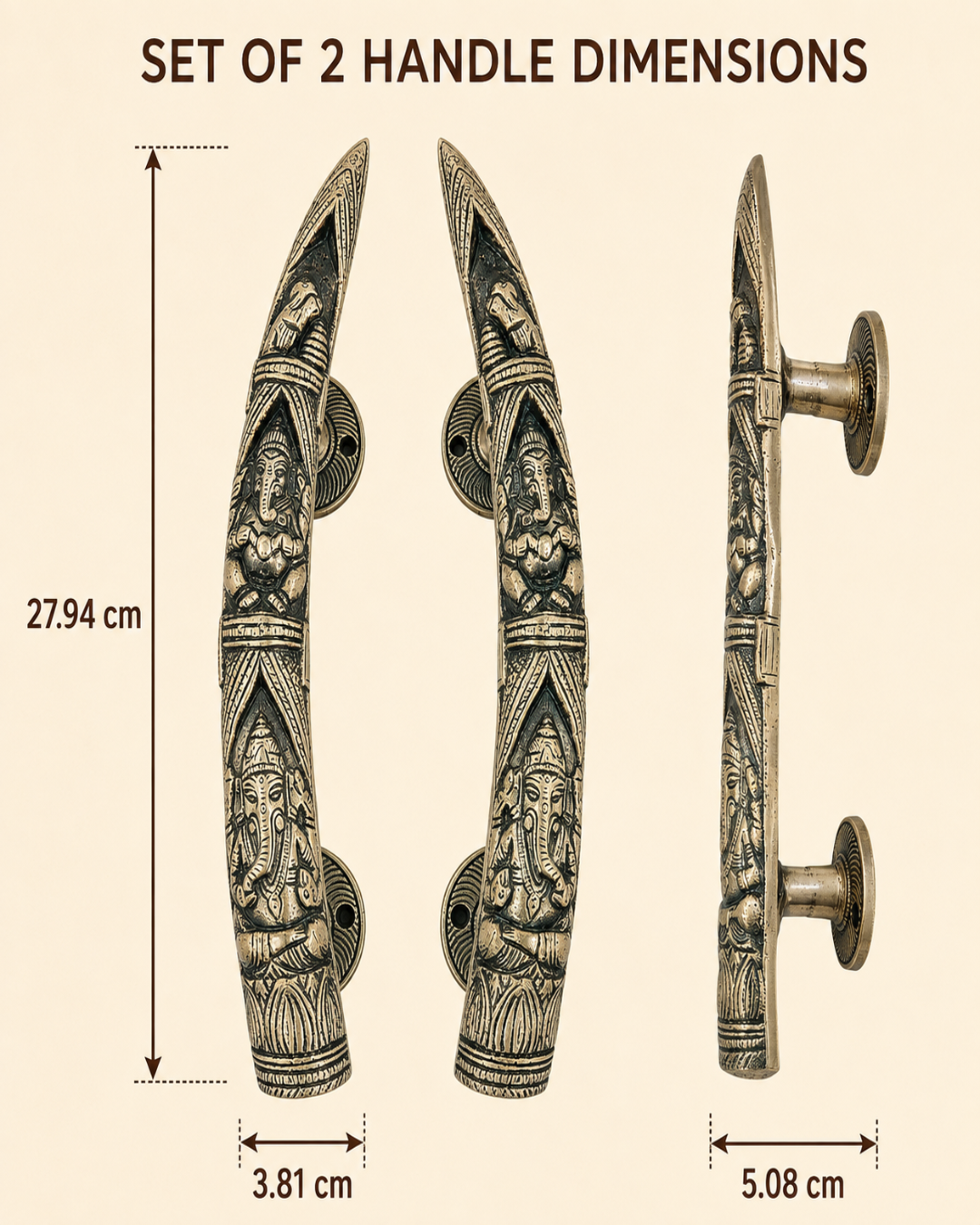An informational product graphic showing a set of two  brass door handles with dimension markings. The handles feature detailed carvings of Lord Ganesha.