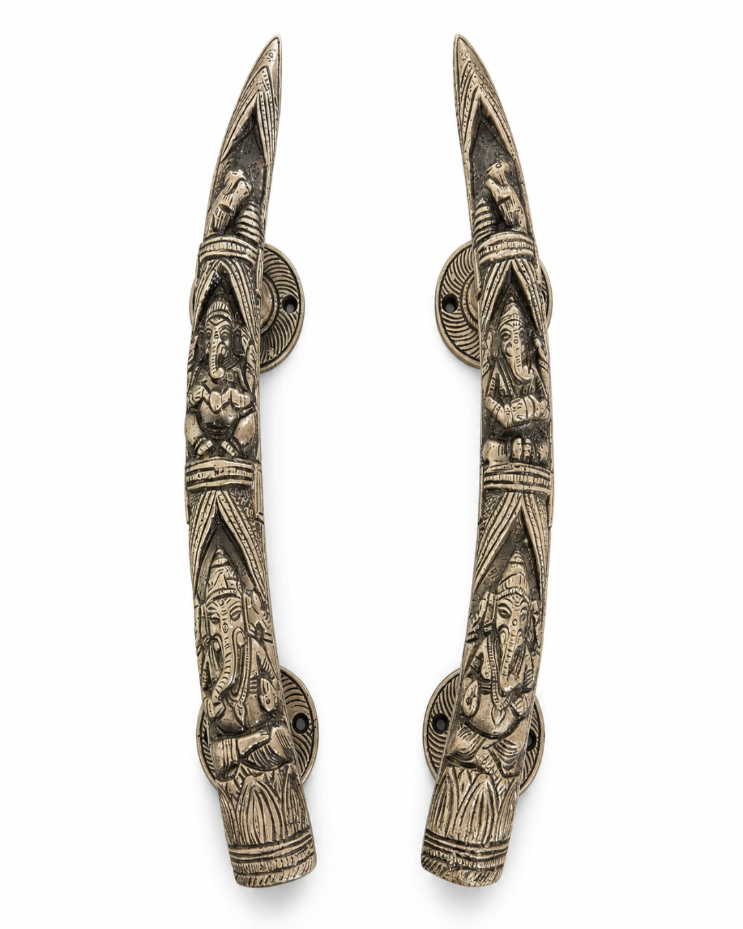 A pair of ornate silver-toned metal door handles featuring detailed carvings of Hindu deities, set against a plain white background.