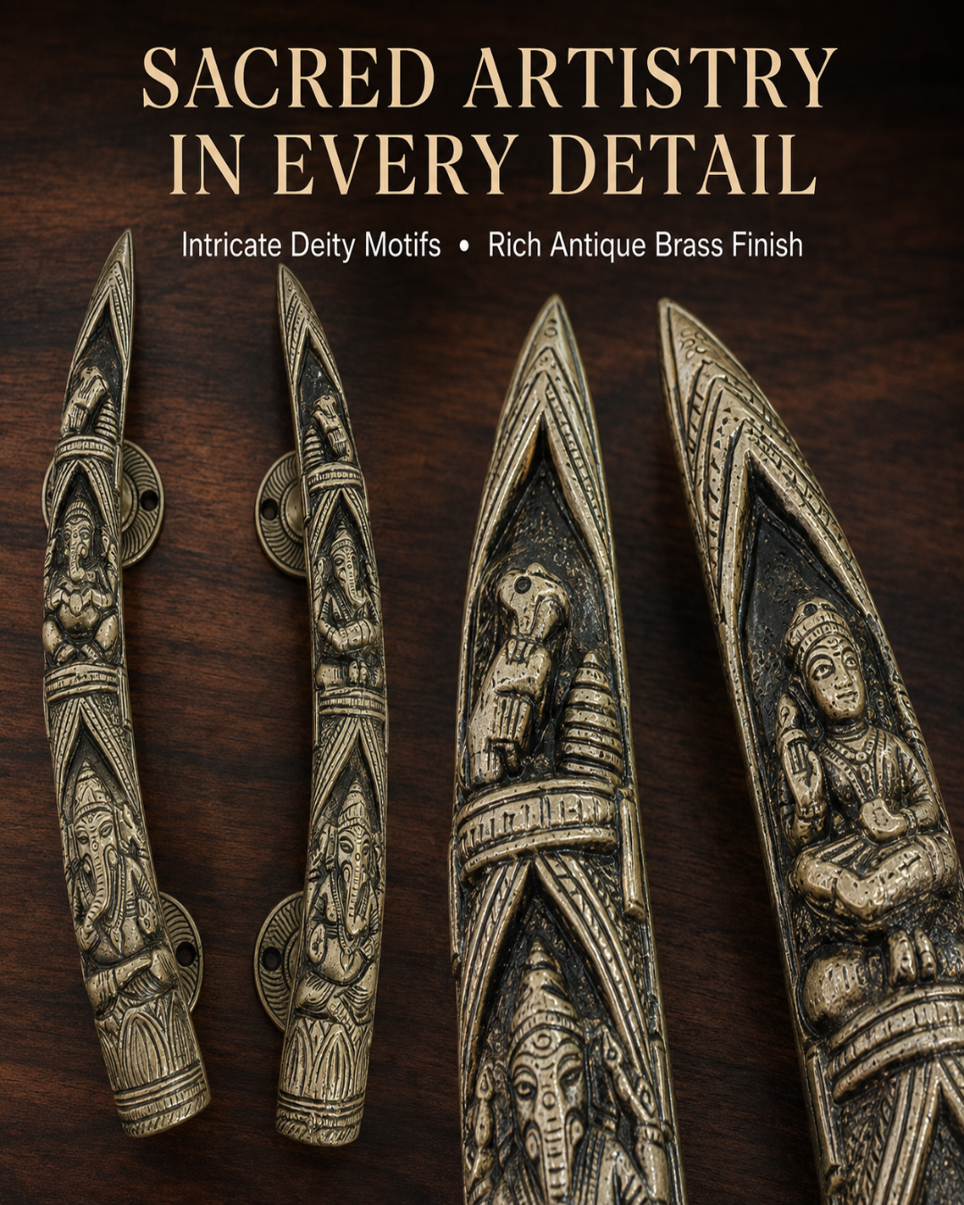 Four ornate brass knife blades with detailed Hindu deity carvings, arranged on a dark wood background under the text 'SACRED ARTISTRY IN EVERY DETAIL'.
