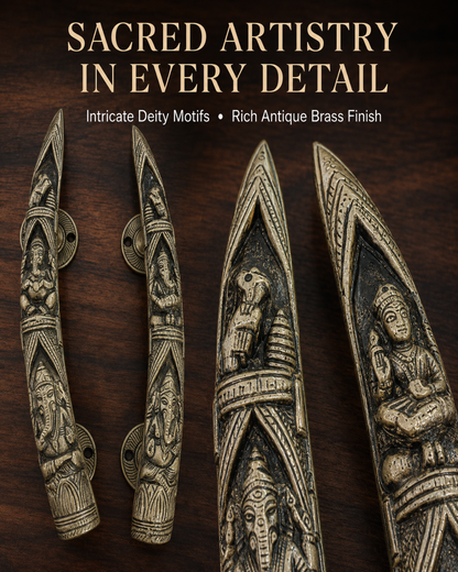 Four ornate brass knife blades with detailed Hindu deity carvings, arranged on a dark wood background under the text 'SACRED ARTISTRY IN EVERY DETAIL'.