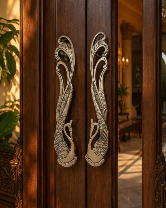 Two Brass peacock door handles mounted on dark brown wooden doors, with a softly lit interior visible in the background.