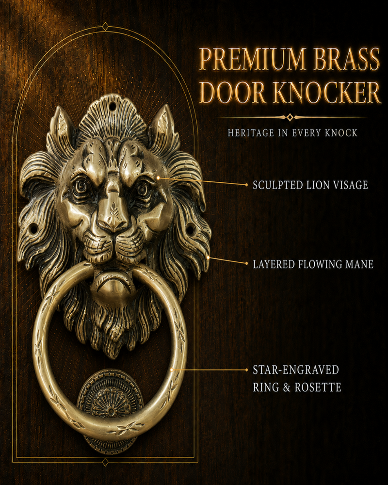 A premium brass lion head door knocker with a large ring and rosette, shown mounted on a dark wood panel with callout text describing its sculpted lion visage, layered flowing mane, and star-engraved ring and rosette.