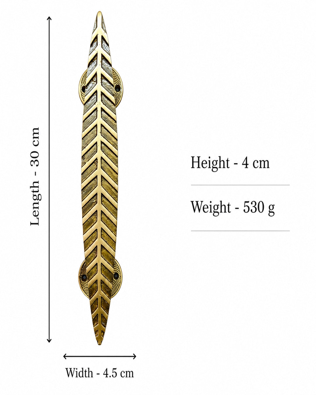 A decorative brass-toned metal wall hook or handle shown on a white background with dimension arrows and text indicating length 30 cm, height 4 cm, and weight 530 g.