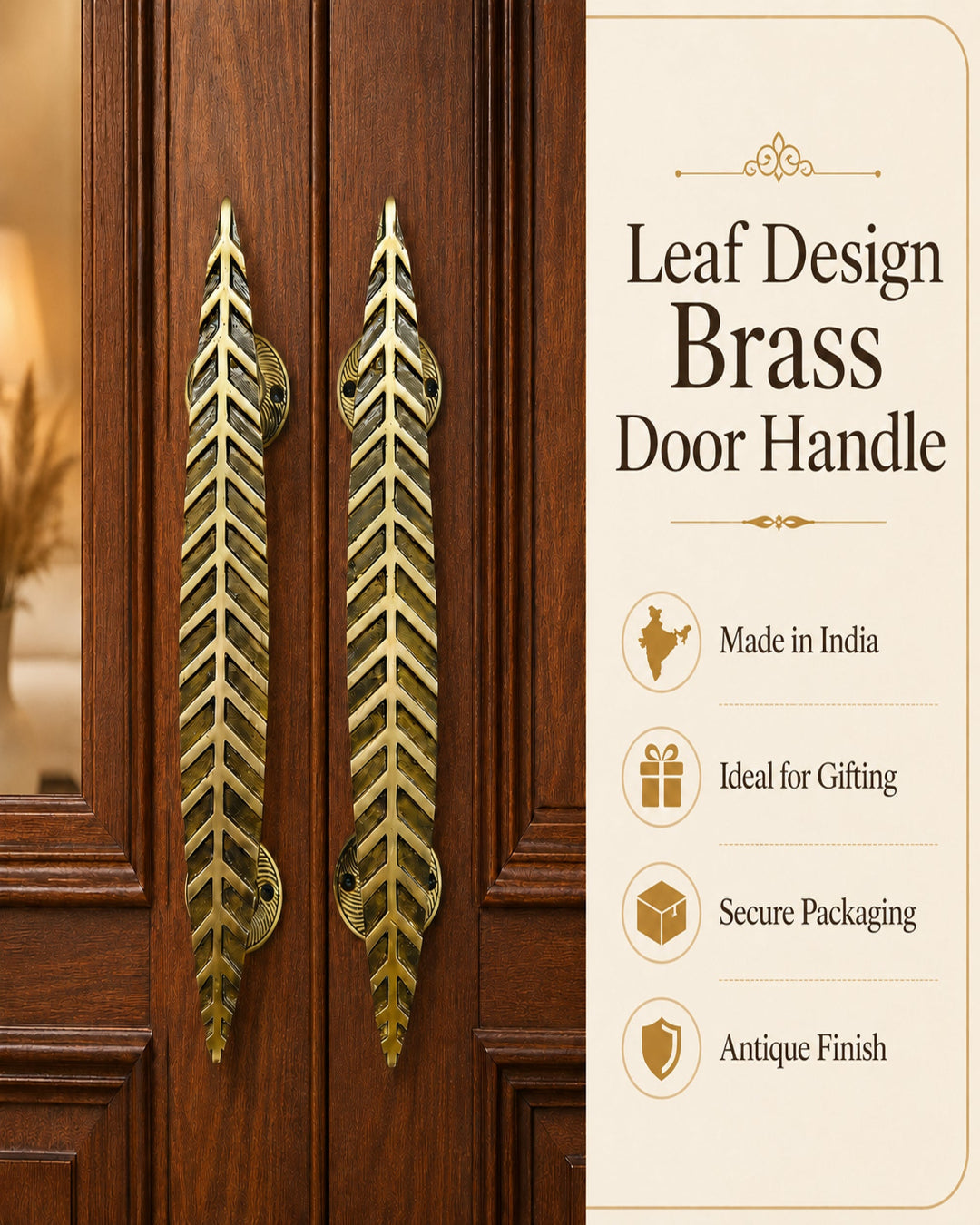 Two brass leaf-shaped door handles mounted on a dark wood door, with a beige text panel on the right describing the product as a leaf design brass door handle and listing features like Made in India, Ideal for Gifting, Secure Packaging, and Antique Finish.