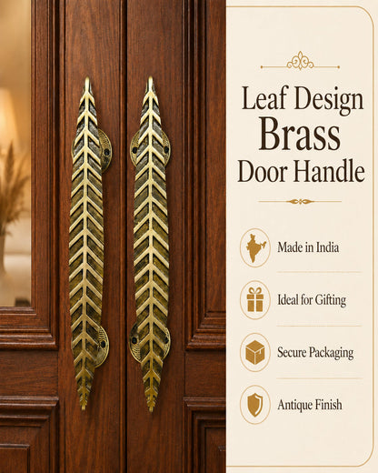 Two brass leaf-shaped door handles mounted on a dark wood door, with a beige text panel on the right describing the product as a leaf design brass door handle and listing features like Made in India, Ideal for Gifting, Secure Packaging, and Antique Finish.