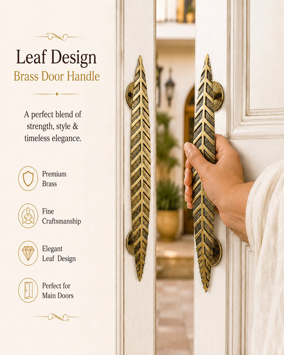 A hand holds a brass leaf-shaped door handle on a white door, with marketing text on the left describing the handle's strength, style, and brass finish.