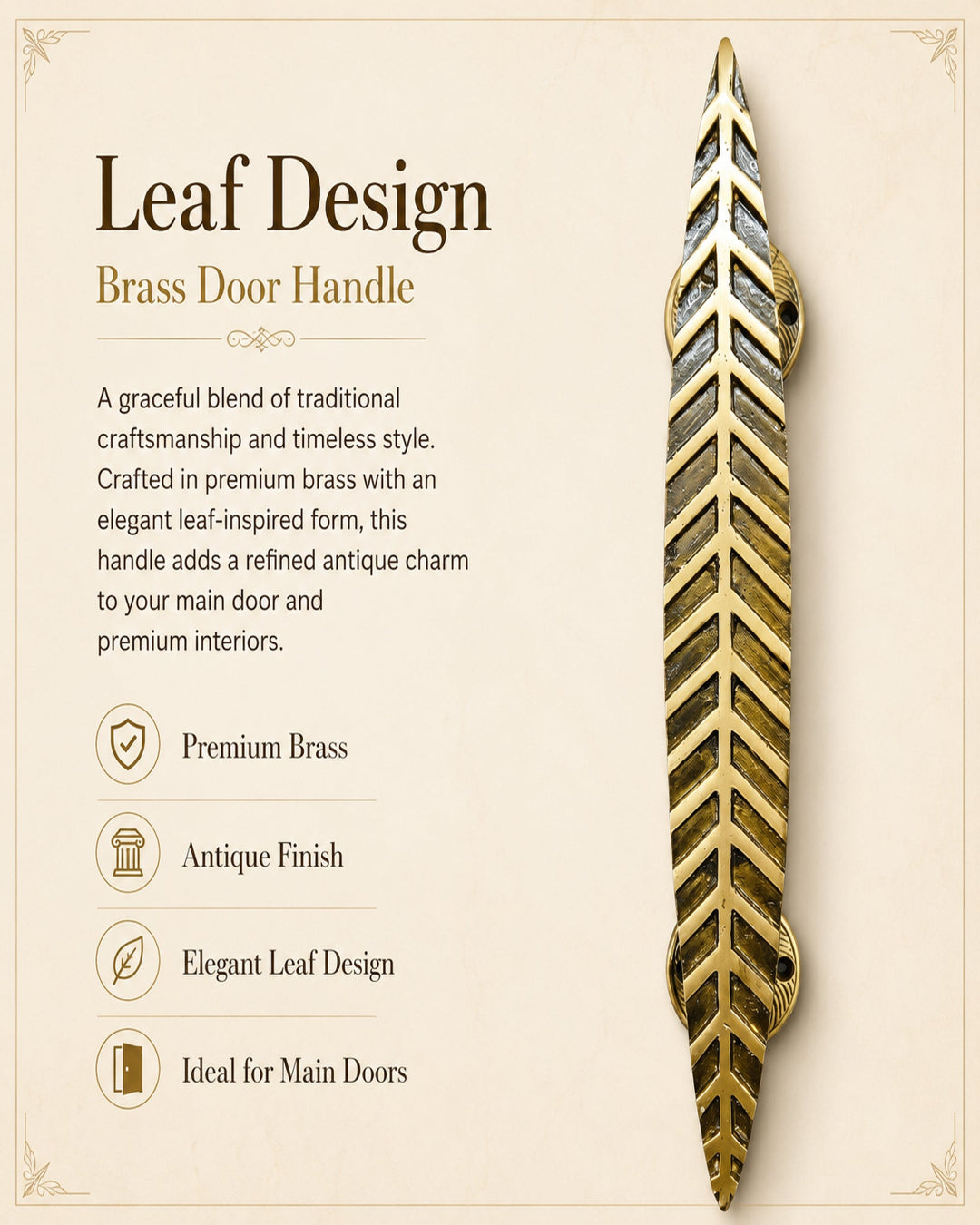 A brass door handle with an elegant leaf design, shown vertically on a beige background with descriptive text highlighting its premium brass finish and antique design.