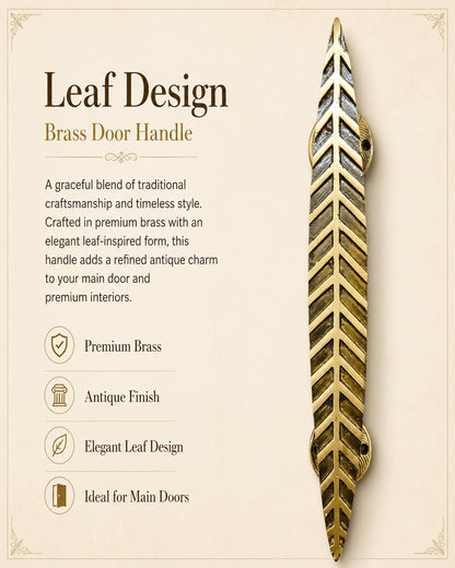 A brass door handle with an elegant leaf design, shown vertically on a beige background with descriptive text highlighting its premium brass finish and antique design.