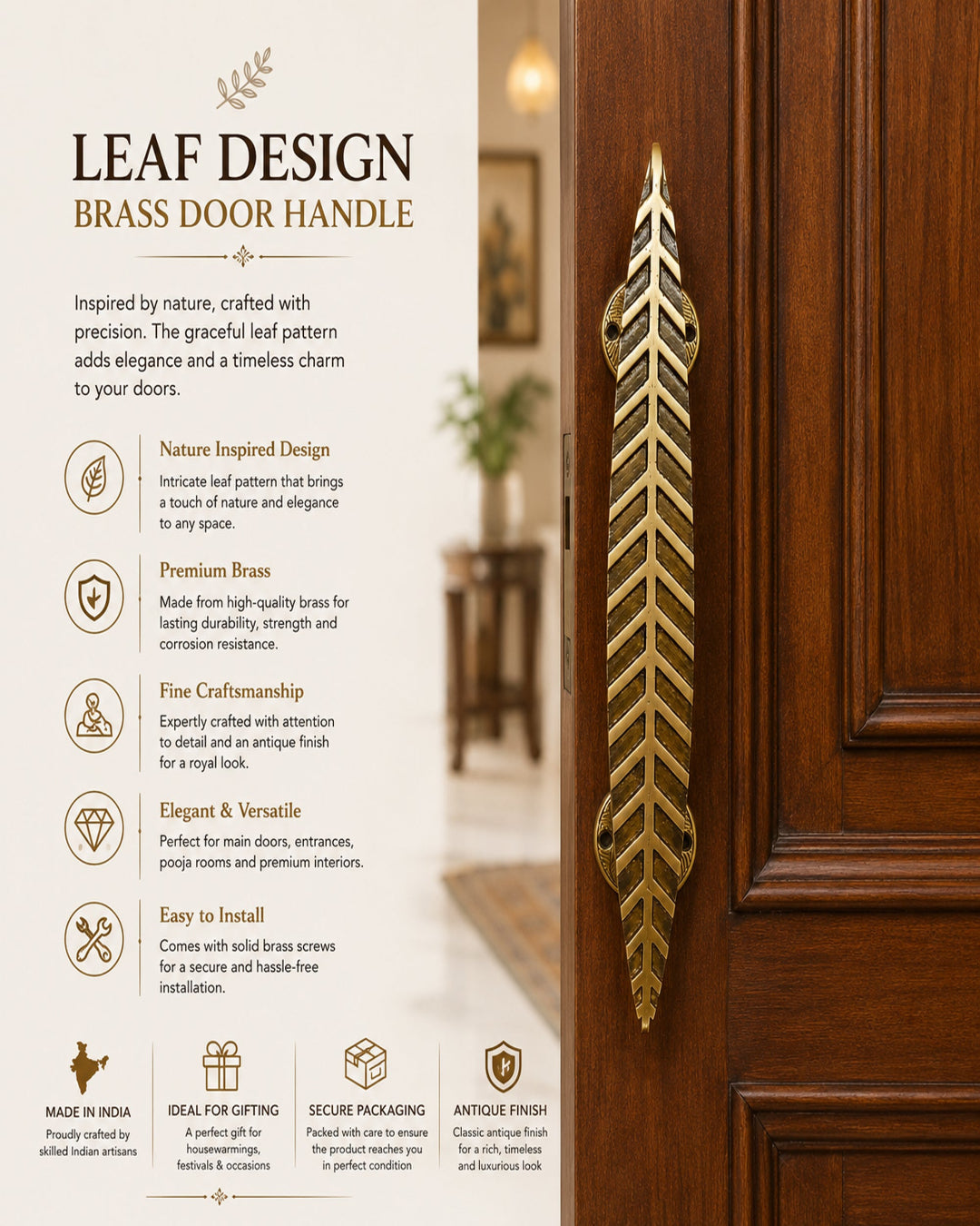 Leaf-shaped brass door handle with a gold antique finish mounted on a dark wood door, shown next to descriptive text highlighting its nature-inspired leaf design, premium brass material, and easy installation.