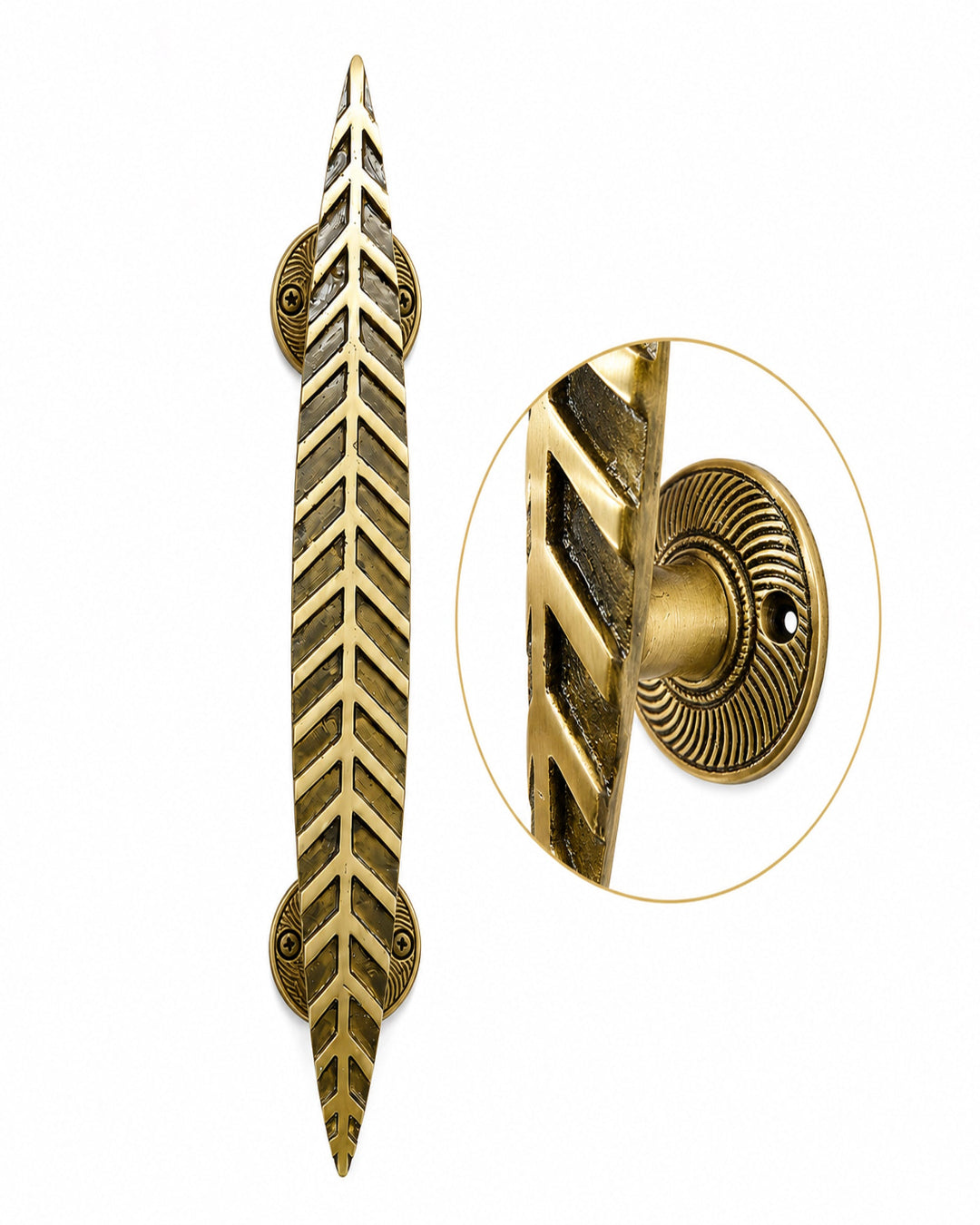 An ornate brass door pull handle with a leaf-like chevron pattern, shown alongside a circular close-up inset of its textured mounting plate.