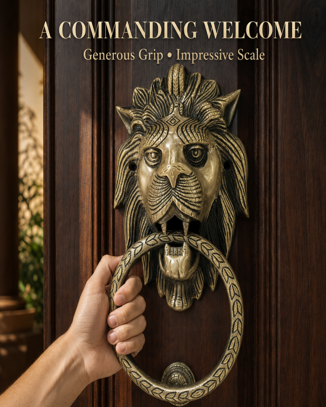 Handcrafted lion brass door generous grip.