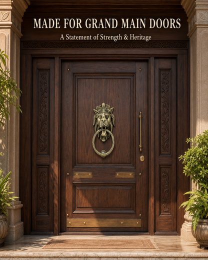 A dark brown wooden grand main door with ornate paneling, a bronze lion head knocker, brass hardware, and a vertical brass handle, shown in a symmetrical entryway with stone columns and potted plants. Text at the top reads: 'MADE FOR GRAND MAIN DOORS' and 'A Statement of Strength & Heritage.