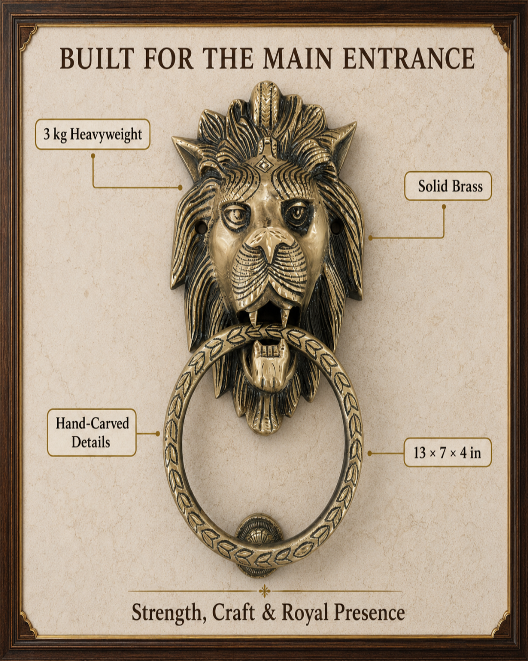 A brass lion head door knocker with a decorative ring handle, shown on a beige background with text callouts reading 'Built for the Main Entrance,' '3 kg Heavyweight,' 'Solid Brass,' 'Hand-Carved Details,' and '13 x 7 x 4 in.'.