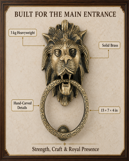A brass lion head door knocker with a decorative ring handle, shown on a beige background with text callouts reading 'Built for the Main Entrance,' '3 kg Heavyweight,' 'Solid Brass,' 'Hand-Carved Details,' and '13 x 7 x 4 in.'.