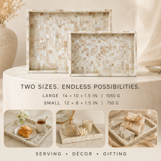 Two rectangular decorative trays with a beige and white mosaic shell-like pattern displayed on a pedestal, with text showing large and small sizes and three lifestyle usage scenes below.