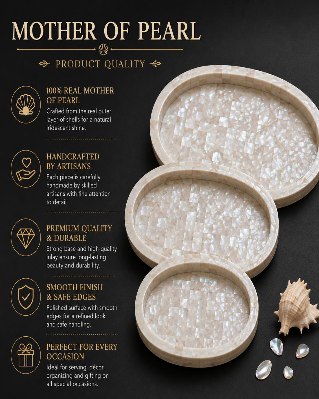 Mother of pearl shell trays arranged on a dark textured background with marketing text and icons describing product quality, including real mother of pearl material, handcrafted artisanship, premium durability, smooth finish, and suitability for occasions.