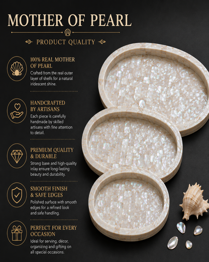 Mother of pearl shell trays arranged on a dark textured background with marketing text and icons describing product quality, including real mother of pearl material, handcrafted artisanship, premium durability, smooth finish, and suitability for occasions.