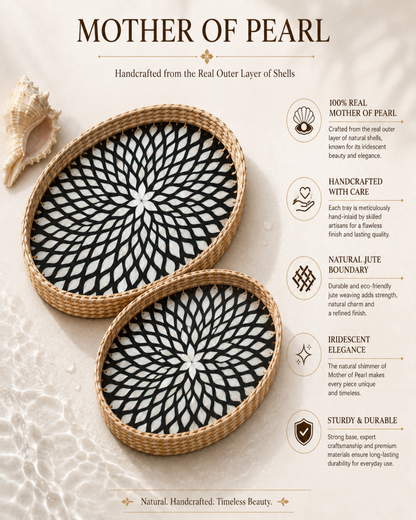 Two round Mother of Pearl shell trays with black and white geometric patterns, displayed on a textured beige background with informational text and seashell props.