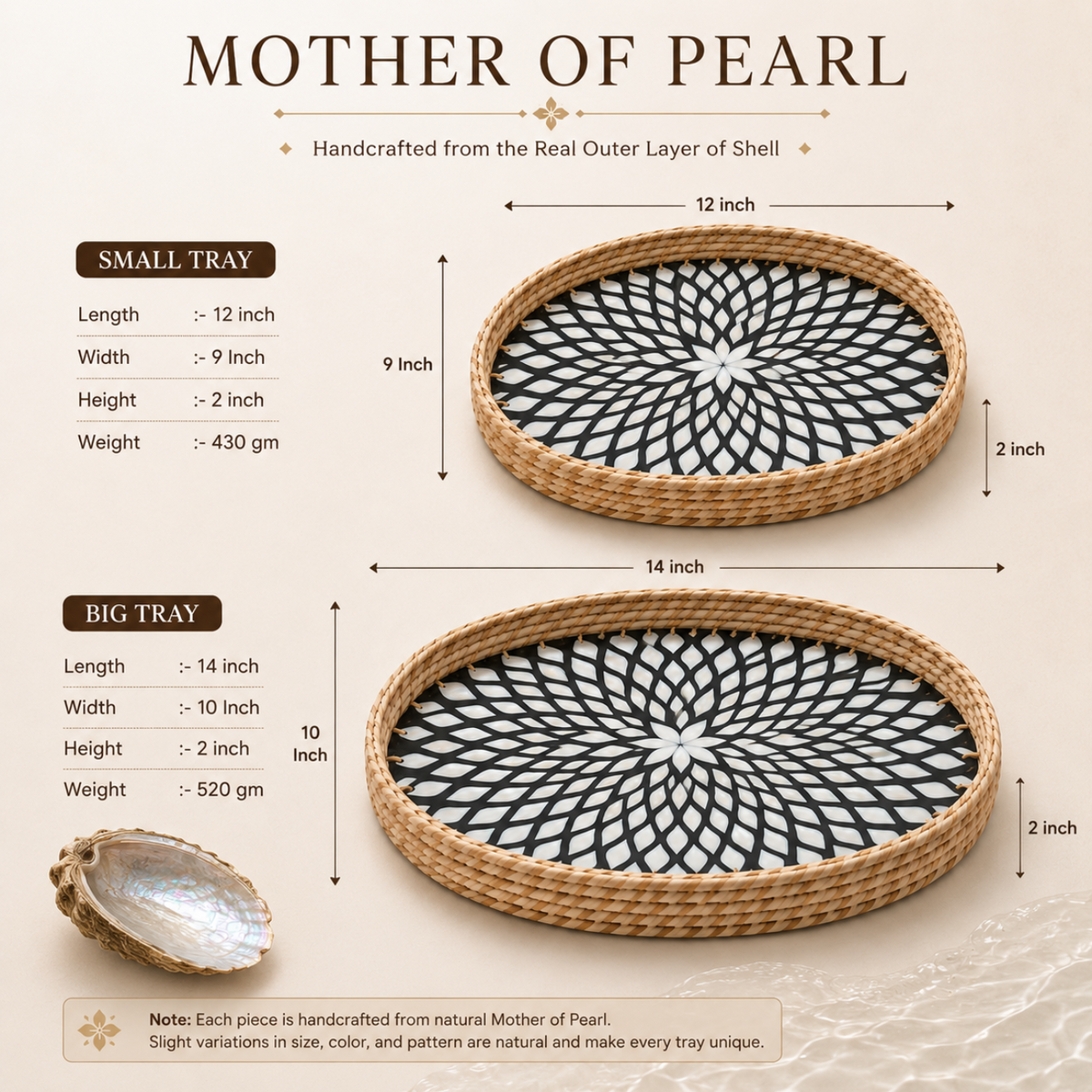 Two oval Mother of Pearl shell trays shown with dimension callouts and text describing small and big sizes, on a warm beige background. One tray is labeled 12 inch by 9 inch and the other 14 inch by 10 inch, both with black-and-white geometric shell patterns.
