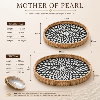 Two oval Mother of Pearl shell trays shown with dimension callouts and text describing small and big sizes, on a warm beige background. One tray is labeled 12 inch by 9 inch and the other 14 inch by 10 inch, both with black-and-white geometric shell patterns.
