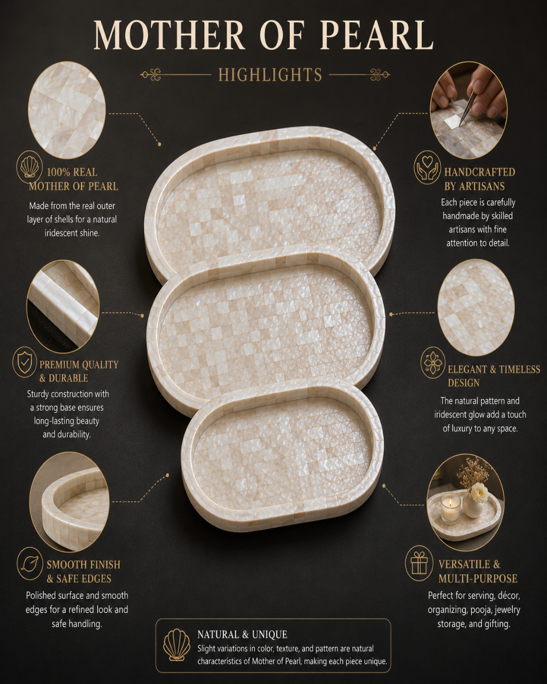 An informational product graphic for a Mother of Pearl shell tray set, showing two oval trays on a dark textured background with callout circles and text highlighting features such as 100% real mother of pearl, handcrafted by artisans, premium quality, smooth finish, and multicolor iridescent patterning.