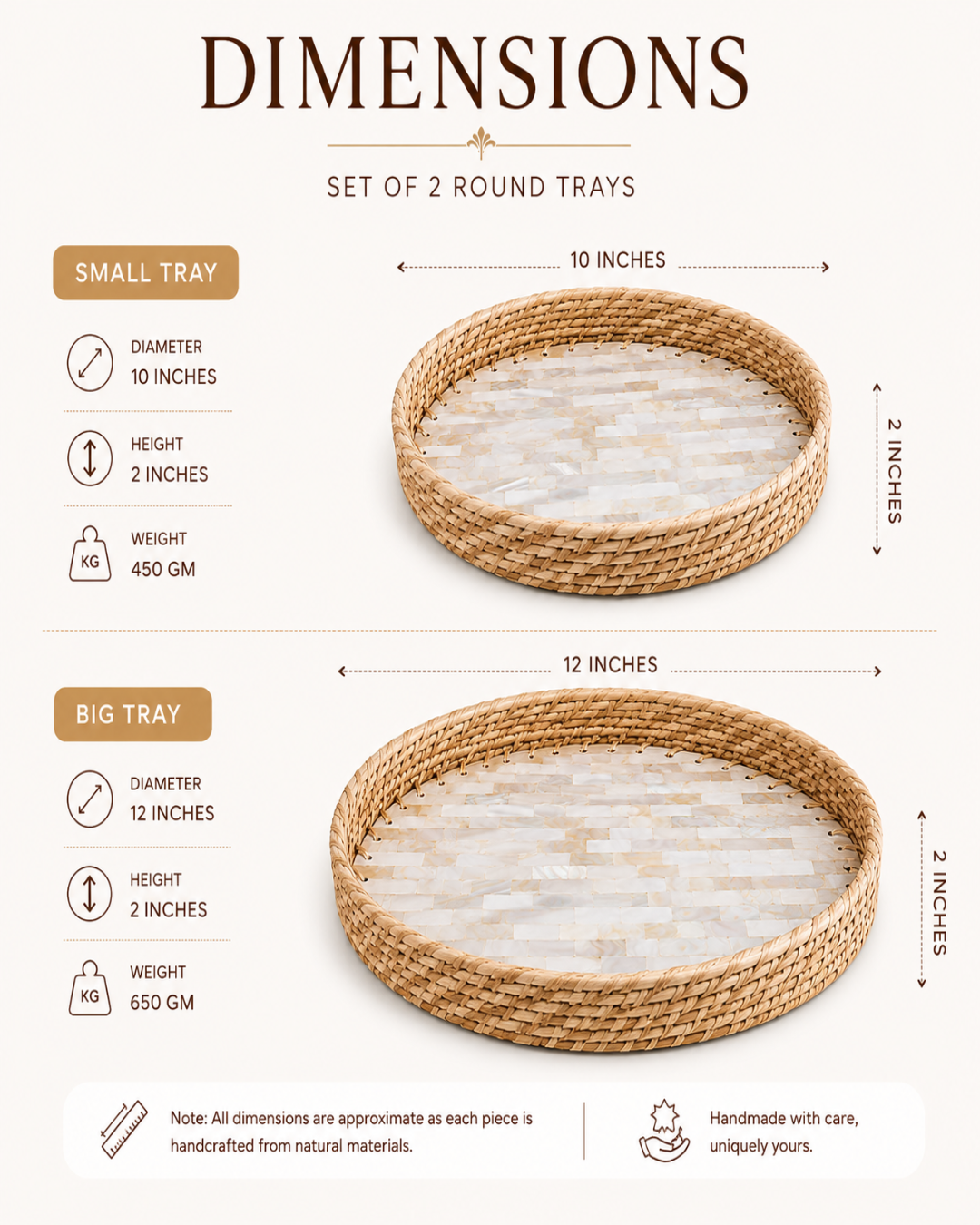 A dimension chart for a set of two round woven trays, showing measurements for a small tray (10 inches diameter, 2 inches height, 450 GM) and a big tray (12 inches diameter, 2 inches height, 650 GM) with product details on a light beige background.