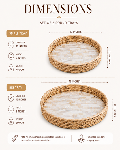 A dimension chart for a set of two round woven trays, showing measurements for a small tray (10 inches diameter, 2 inches height, 450 GM) and a big tray (12 inches diameter, 2 inches height, 650 GM) with product details on a light beige background.