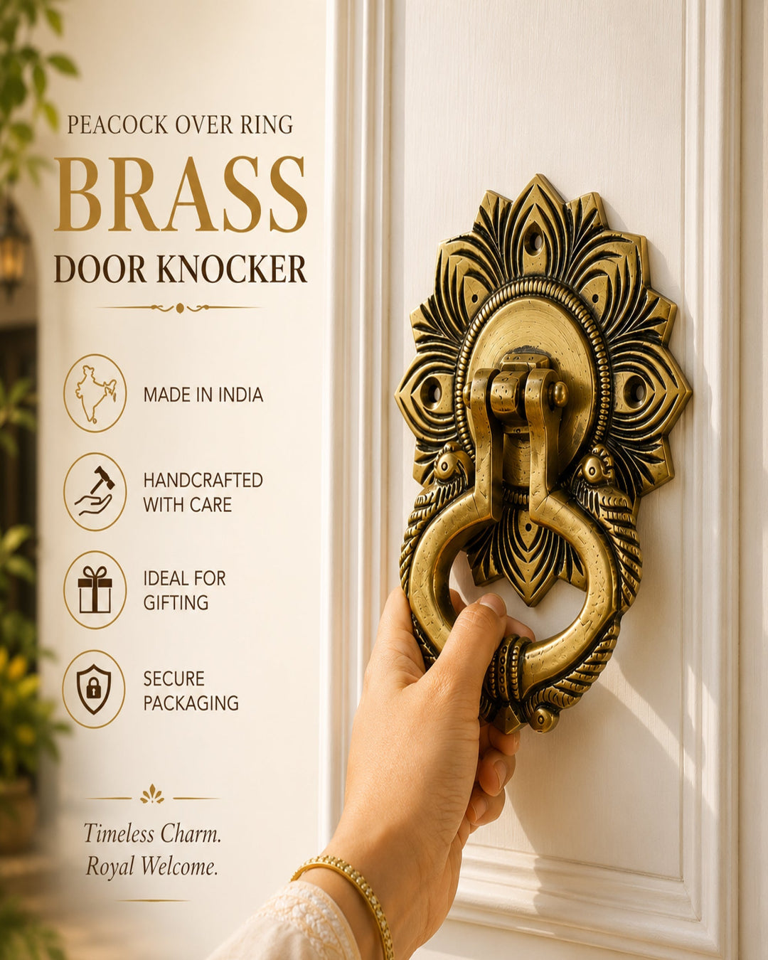 A hand wearing a gold bracelet holds a brass peacock-themed door knocker against a white door. The left side features a text panel with product details: 'PEACOCK OVER RING BRASS DOOR KNOCKER', 'MADE IN INDIA', 'HANDCRAFTED WITH CARE', 'IDEAL FOR GIFTING', and 'SECURE PACKAGING'.