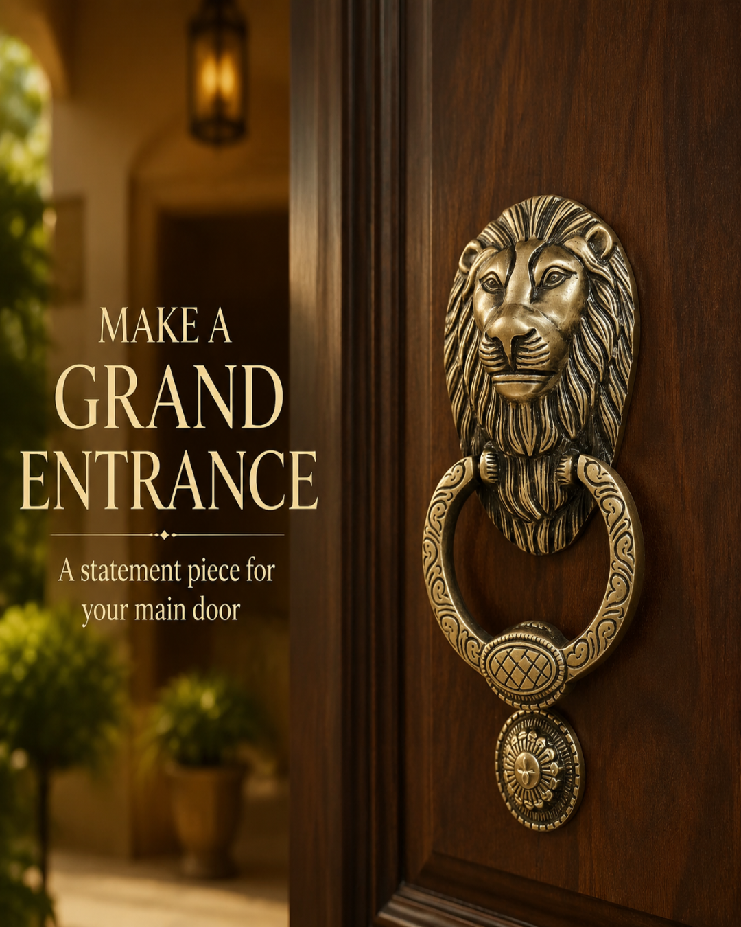 An ornate bronze lion head door knocker with a ring pull mounted on a dark wood door, with the text 'MAKE A GRAND ENTRANCE' and 'A statement piece for your main door' on the left.