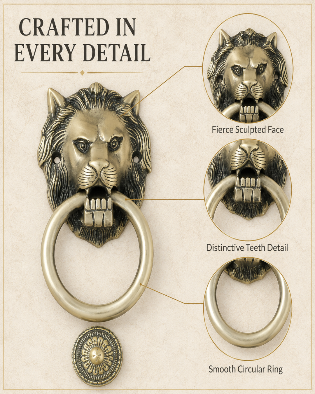 An antique-style lion head door knocker in a brushed gold/bronze finish, shown with a circular ring and a round medallion on a beige textured background. The image includes callout text and circular close-ups highlighting the sculpted face, teeth detail, and smooth circular ring.