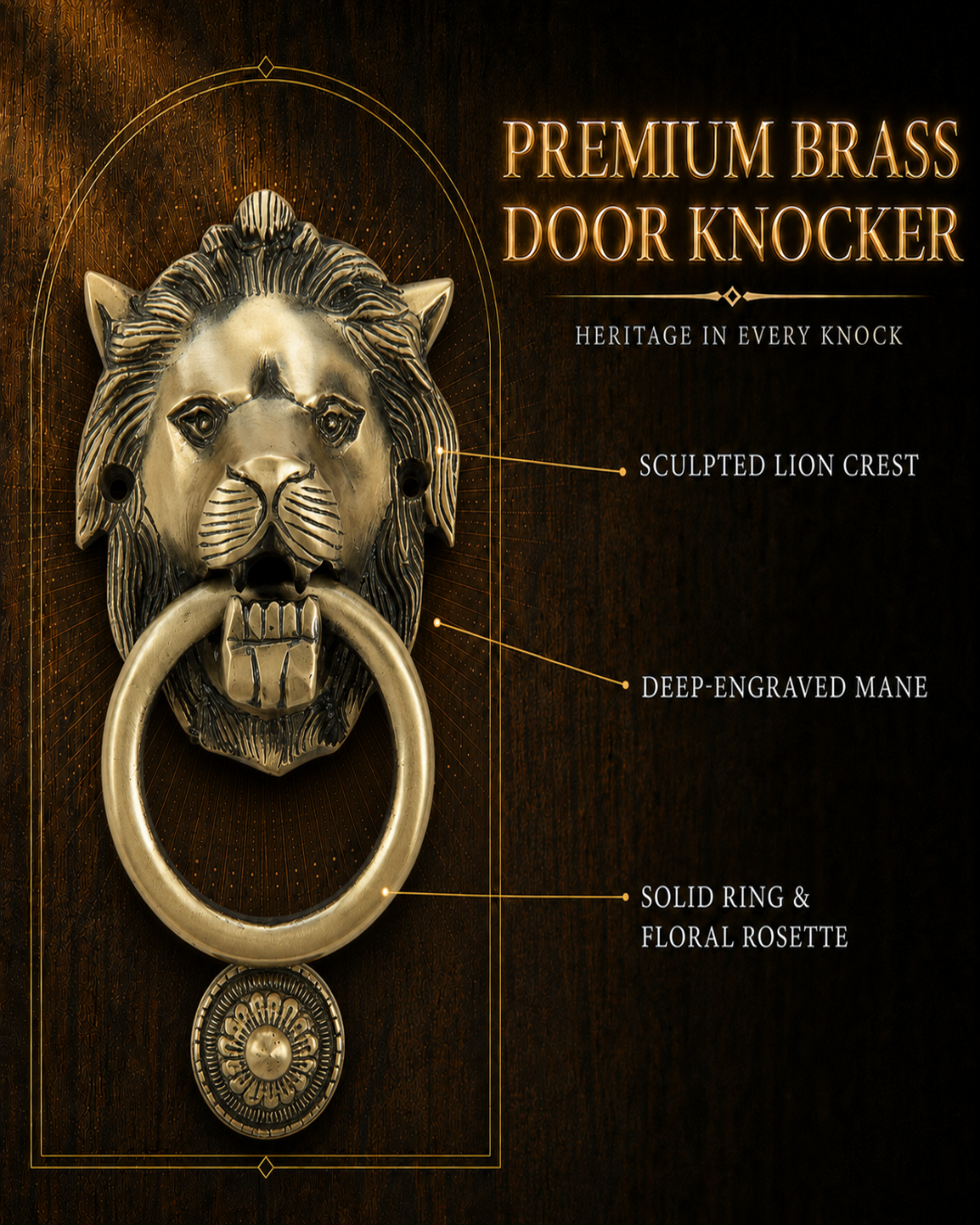 A premium brass lion head door knocker with a large ring and a small floral rosette below, shown on a dark wood background with callout text describing its features.