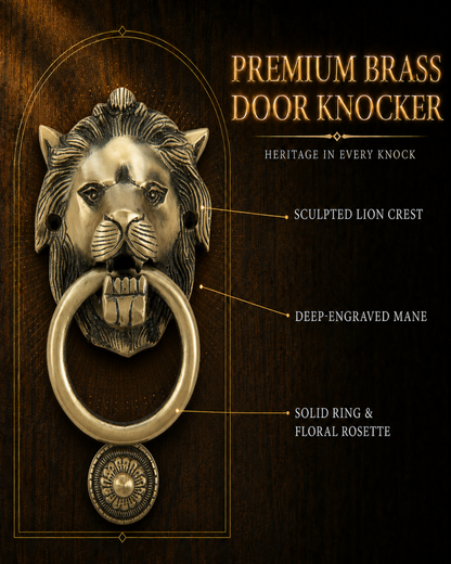 A premium brass lion head door knocker with a large ring and a small floral rosette below, shown on a dark wood background with callout text describing its features.