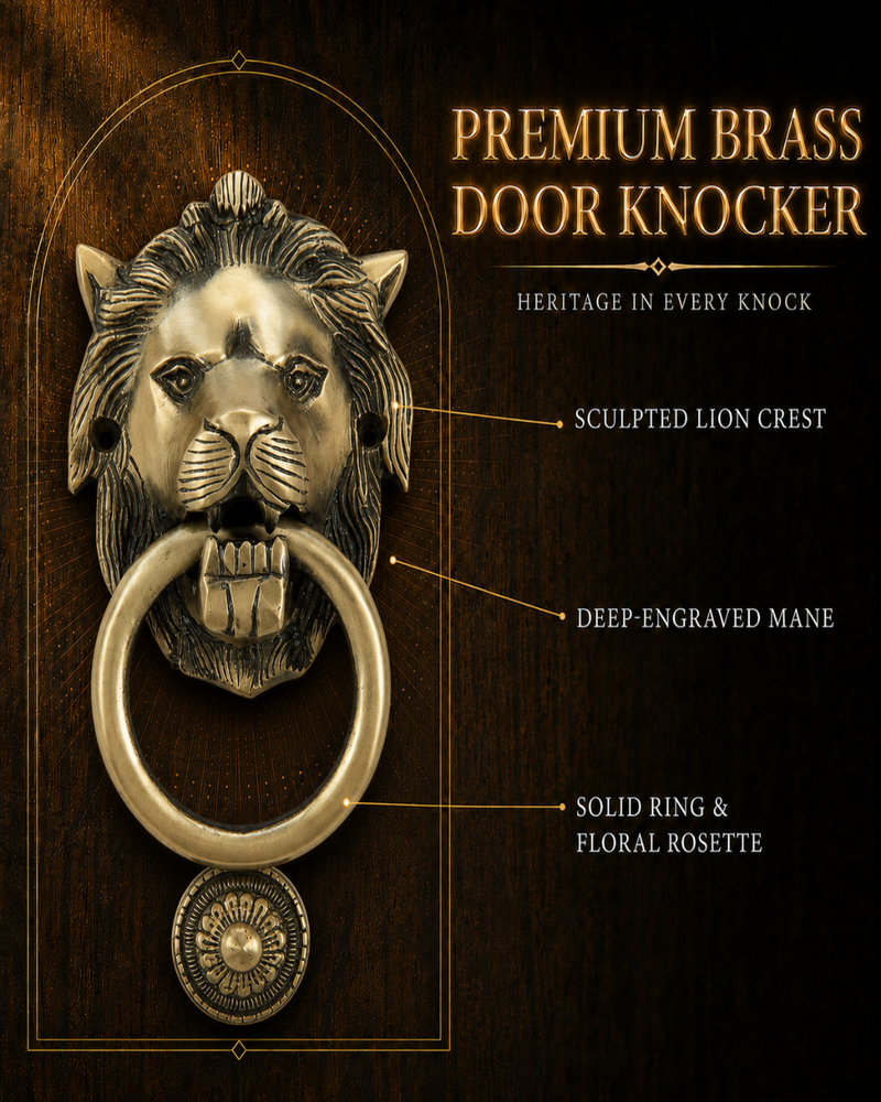 A premium brass lion head door knocker with a large ring and a small floral rosette below, shown on a dark wood background with callout text describing its features.