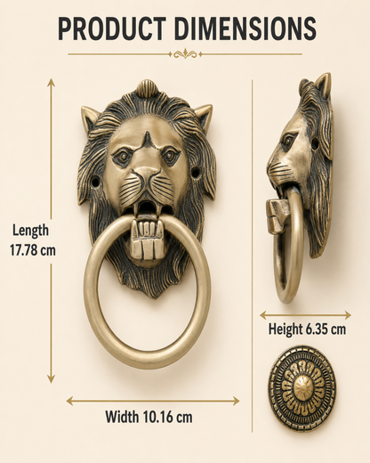 Product dimensions diagram for a lion head metal door knocker in an antique brass finish, showing front, side, and back views with measurements on a beige background.