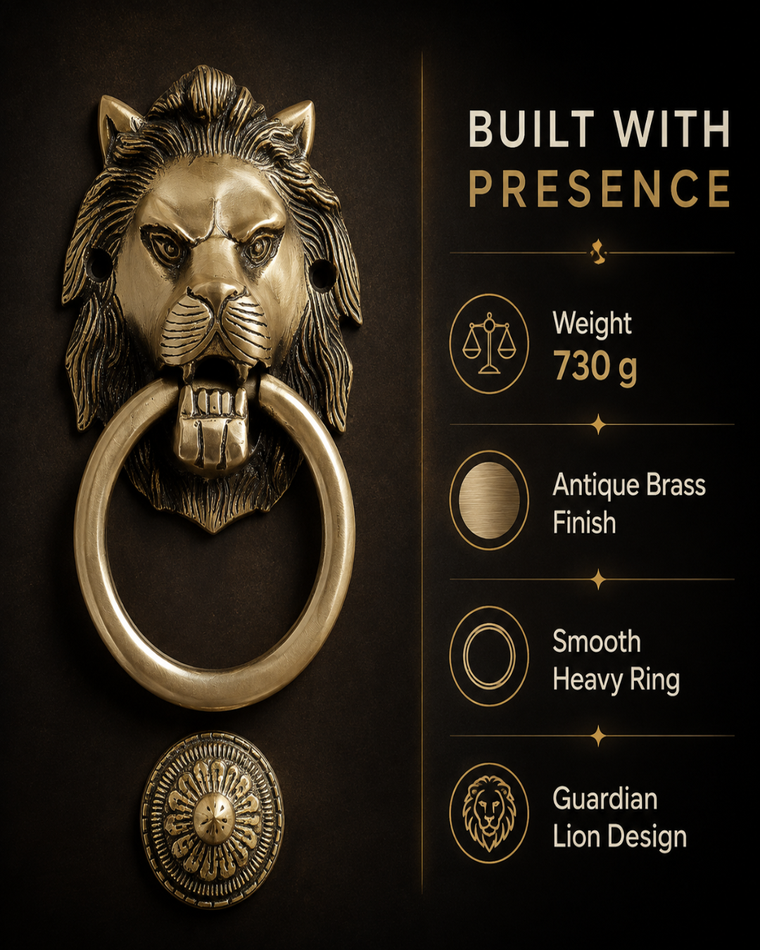 An antique brass lion head door knocker with a heavy ring, shown on a dark brown background with product feature text on the right.