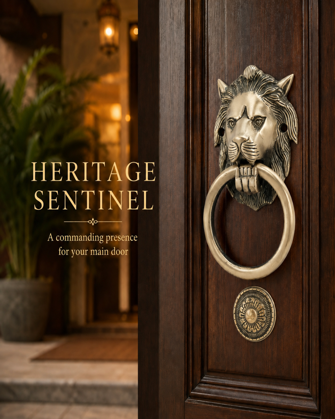 A close-up of a dark brown wooden front door featuring a large antique bronze lion head ring pull and a matching round medallion. The left side shows a softly blurred entryway background with the text 'HERITAGE SENTINEL' and 'A commanding presence for your main door.