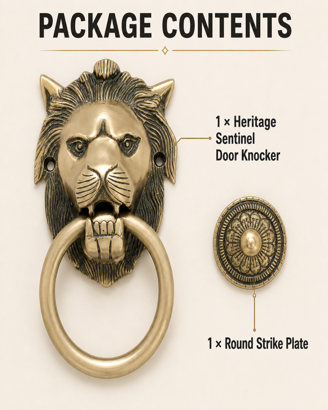 Package contents graphic showing a lion head door knocker with a round ring pull in antique brass, alongside a round strike plate, with text reading 'PACKAGE CONTENTS' and product labels on a light beige background.