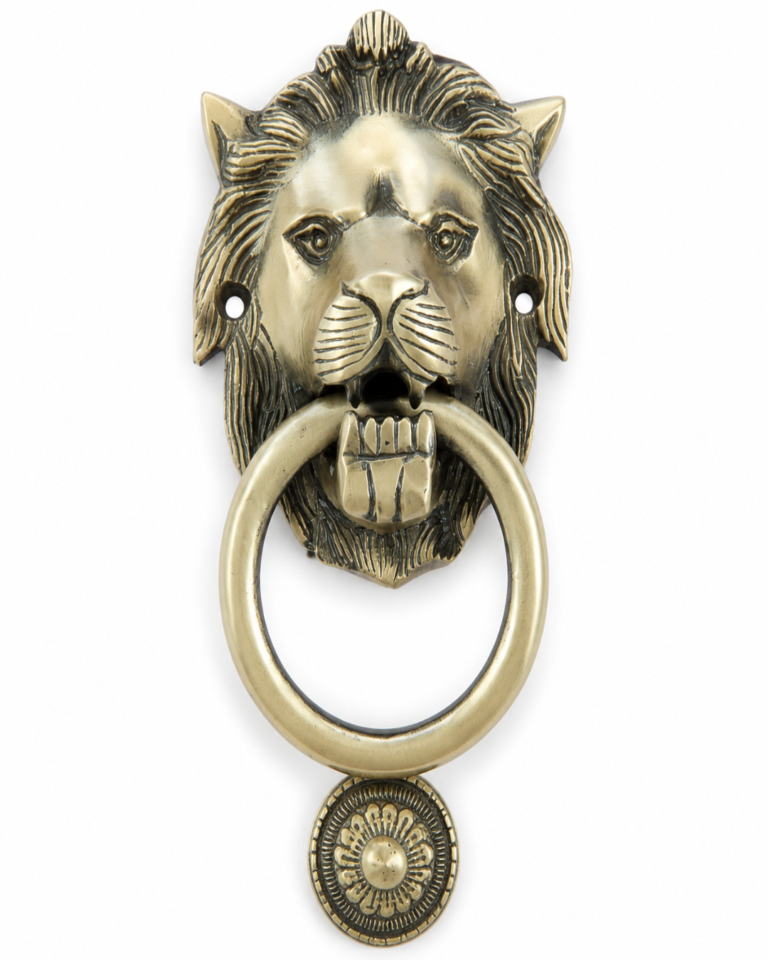 An antique brass lion head door knocker with a matching pull ring and a decorative medallion below, shown against a plain white background.
