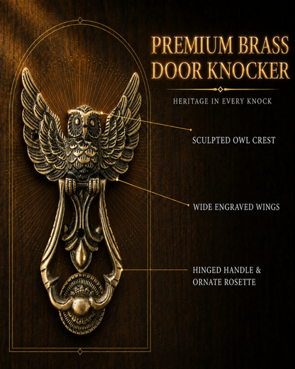 A premium brass owl door knocker mounted on a dark wood panel, with callout lines and text highlighting the sculpted owl crest, wide engraved wings, and hinged handle with ornate rosette.