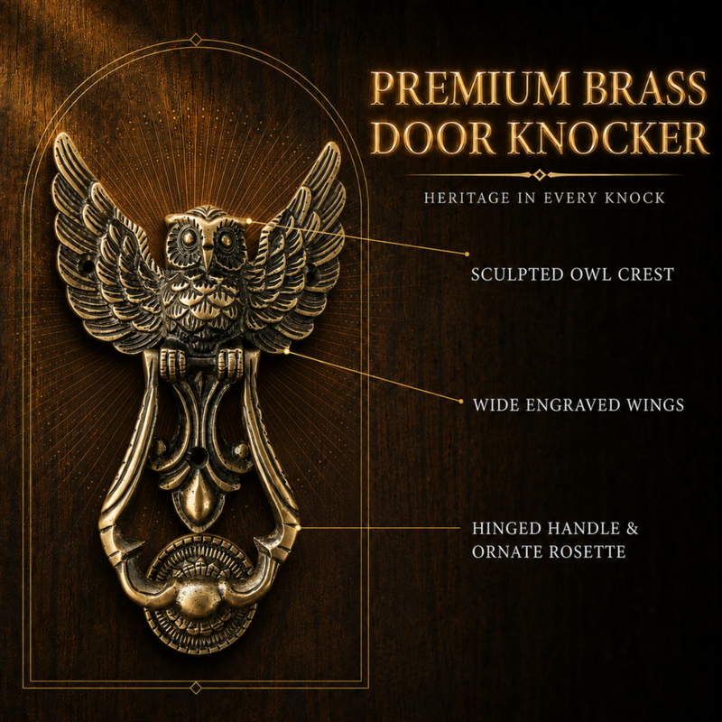A premium brass owl door knocker mounted on a dark wood panel, with callout lines and text highlighting the sculpted owl crest, wide engraved wings, and hinged handle with ornate rosette.