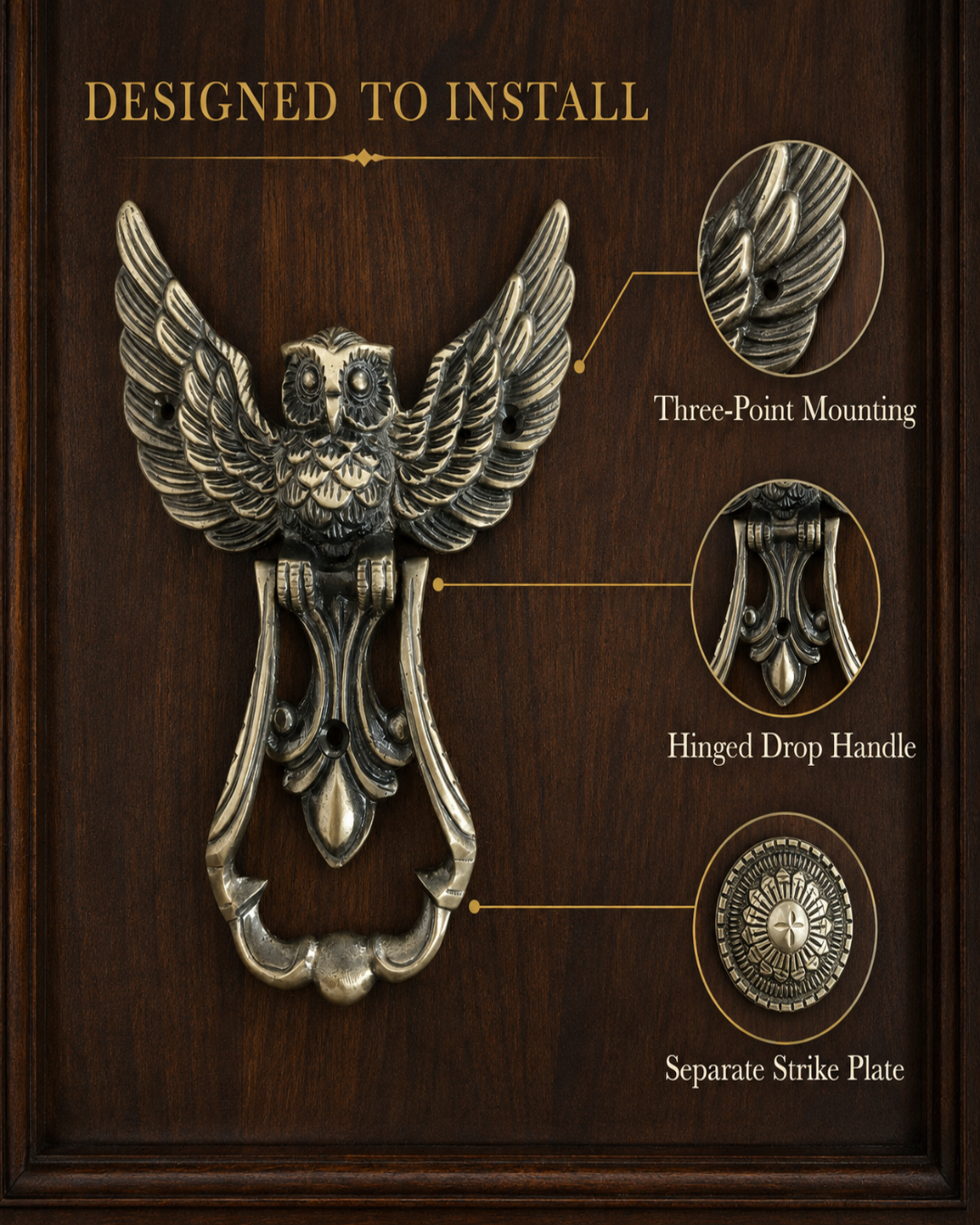 Owl-shaped metal door knocker with wings and a drop ring handle, shown mounted on a dark wood panel with callout circles and text reading 'DESIGNED TO INSTALL,' 'Three-Point Mounting,' 'Hinged Drop Handle,' and 'Separate Strike Plate.'.