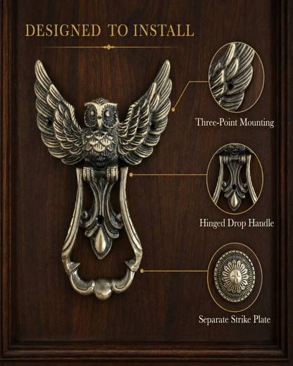 Owl-shaped metal door knocker with wings and a drop ring handle, shown mounted on a dark wood panel with callout circles and text reading 'DESIGNED TO INSTALL,' 'Three-Point Mounting,' 'Hinged Drop Handle,' and 'Separate Strike Plate.'.