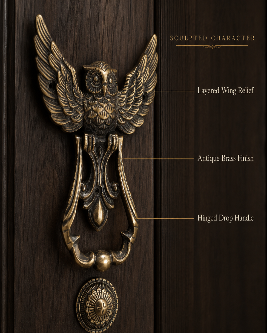 An antique brass owl door knocker with sculpted wings and a hinged drop handle, mounted on a dark wood door with feature callouts.