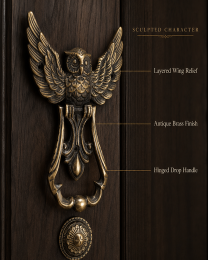 An antique brass owl door knocker with sculpted wings and a hinged drop handle, mounted on a dark wood door with feature callouts.