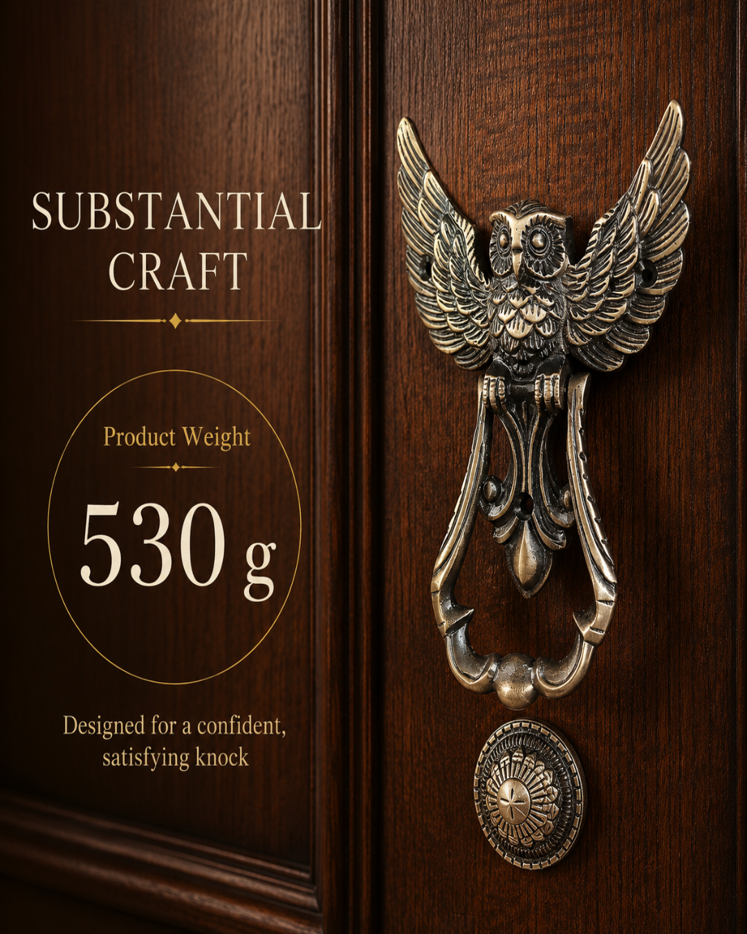An ornate owl-shaped metal door knocker in an antique bronze finish mounted on a dark wood door, with decorative text on the left reading 'SUBSTANTIAL CRAFT' and 'Product Weight 530 g'.