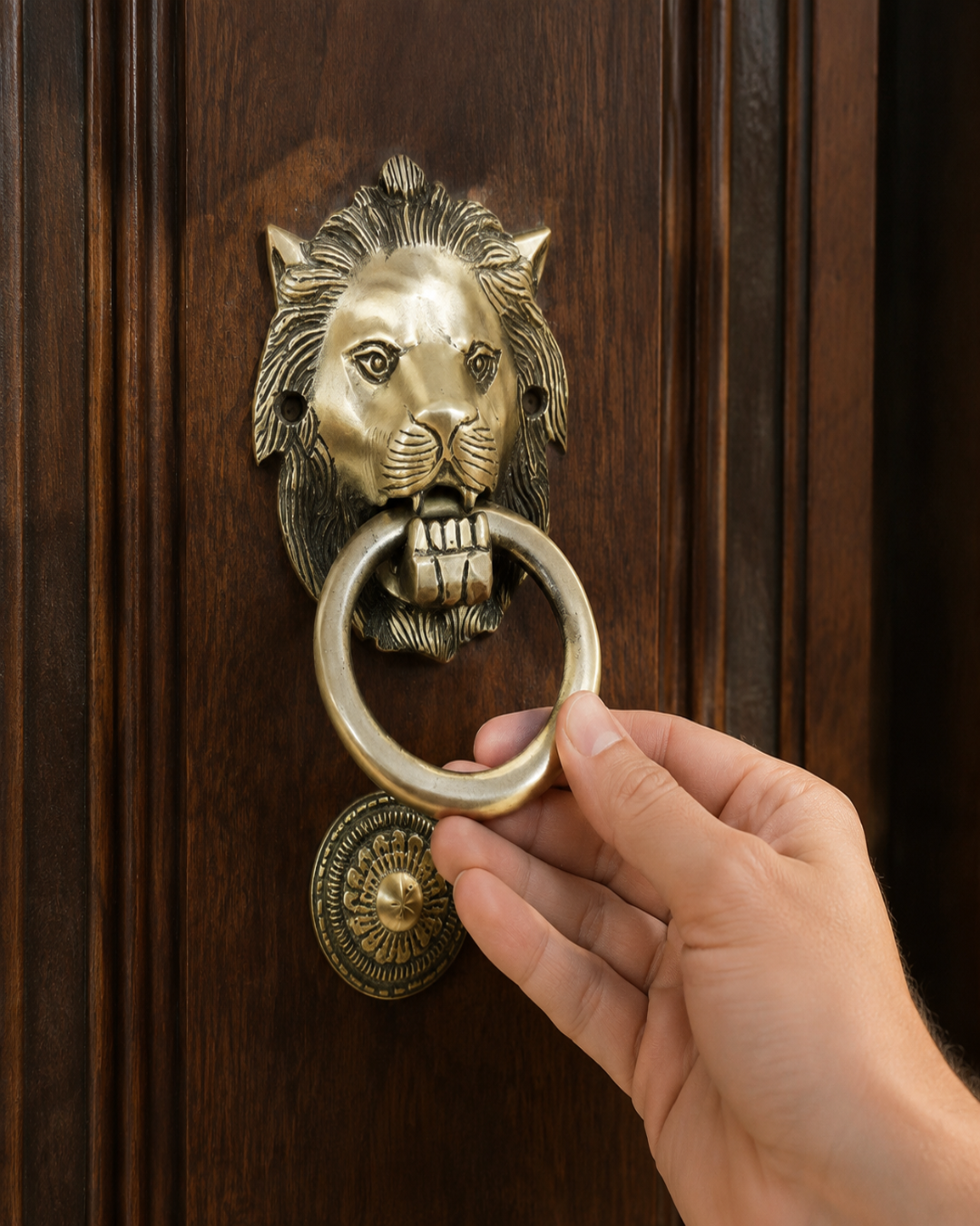 A brass lion head door knocker with a hanging ring, shown on a dark wood door with a hand holding the ring.