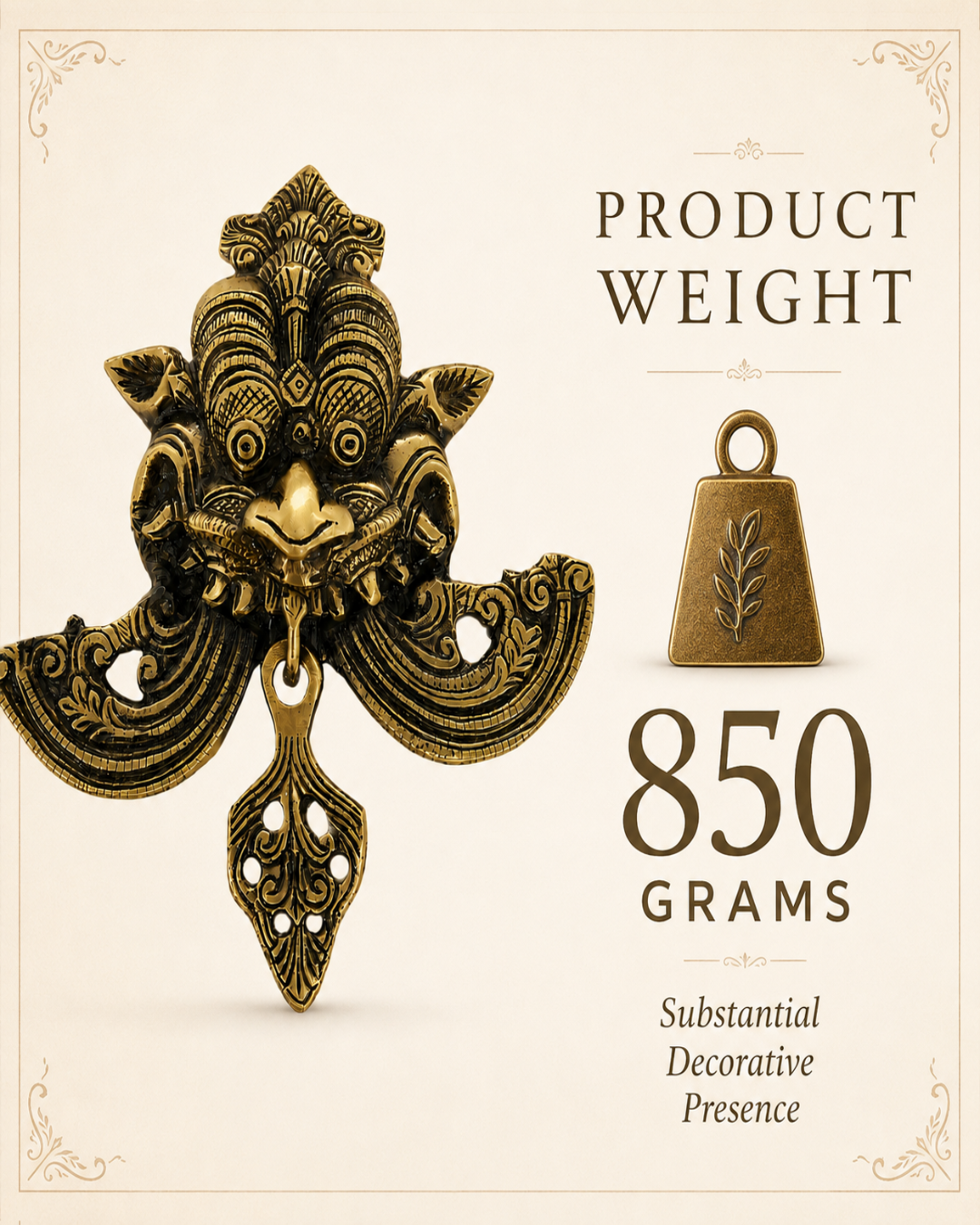 An ornate antique-style bronze decorative pendant or charm shown on a cream background with text reading 'PRODUCT WEIGHT 850 GRAMS' and a small bell-shaped weight icon.